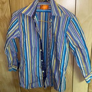 TALLIA Boys multi color dress shirt purple, blue, yellow striped floral collar
